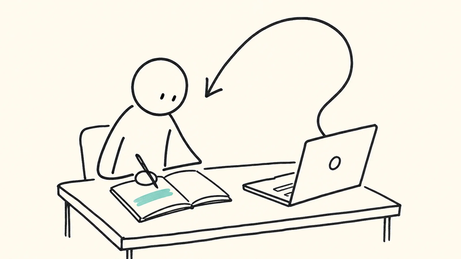 Question mark arcing from a laptop back to a writer, sketched for AI and critical thinking