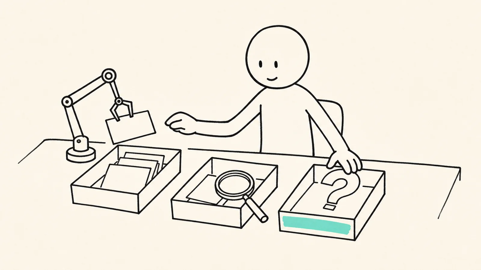 Ink sketch of a person sorting cards into three trays, for best ways to use AI