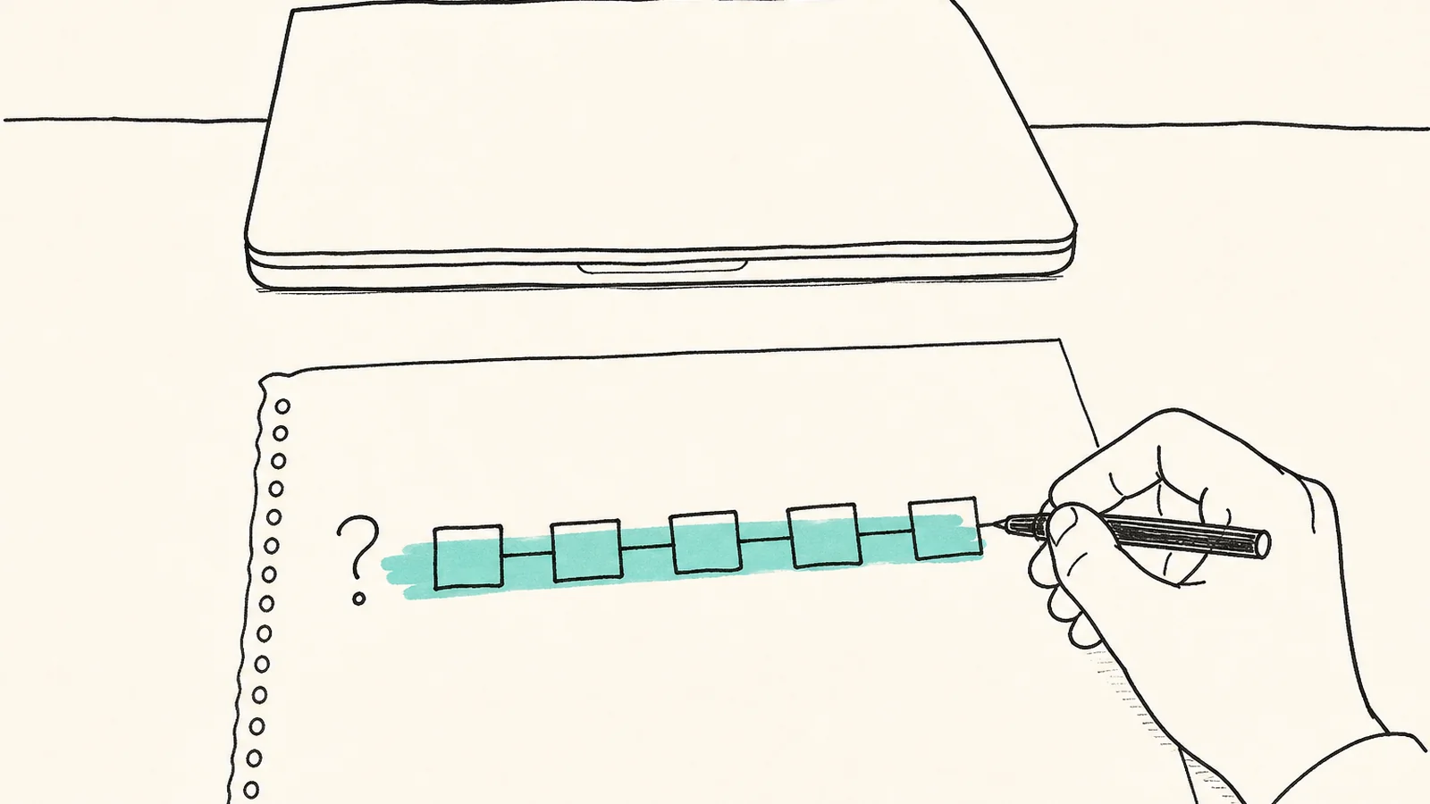 A hand redraws the steps on paper beside a closed laptop: college students AI use