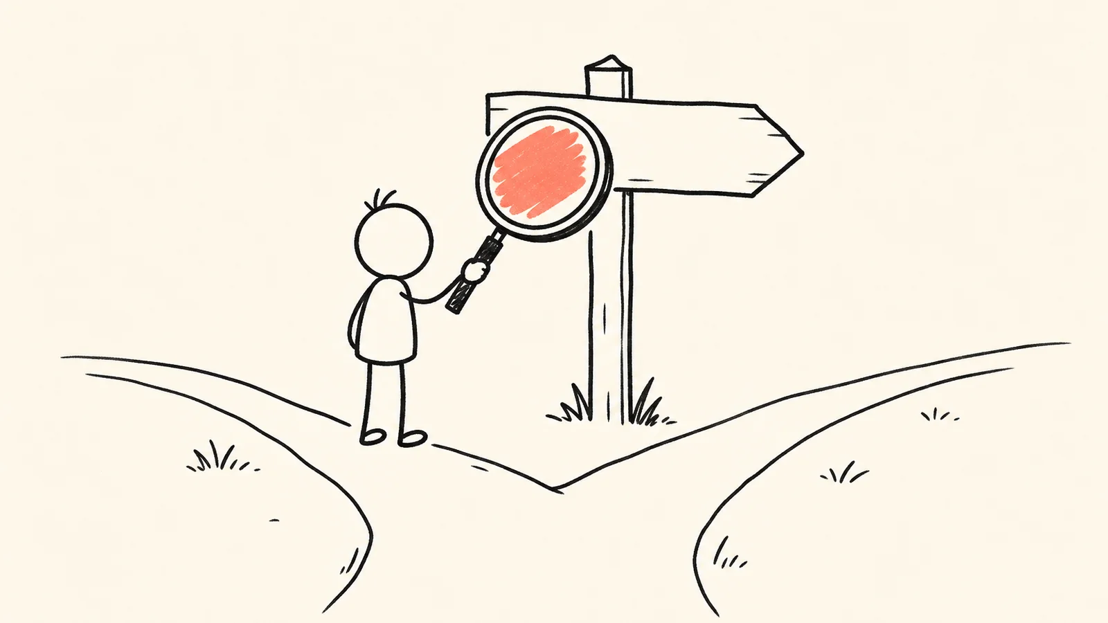 Ink sketch of a magnifying glass over a signpost at a fork, critical thinking with examples