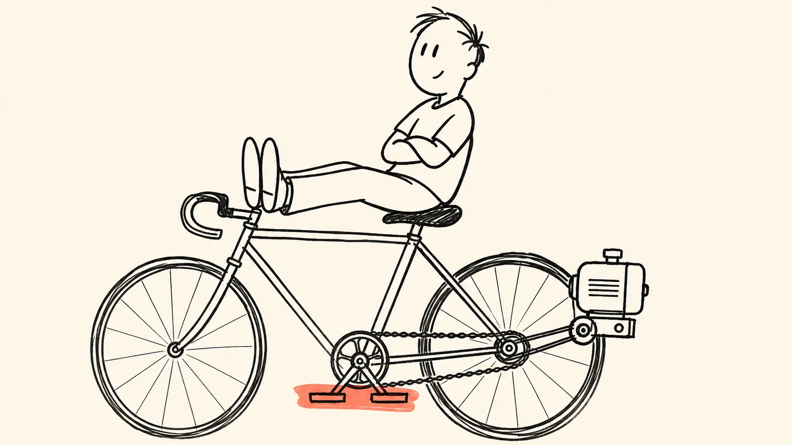Rider resting as a motor turns the pedals, sketched for GenAI is making us dumber