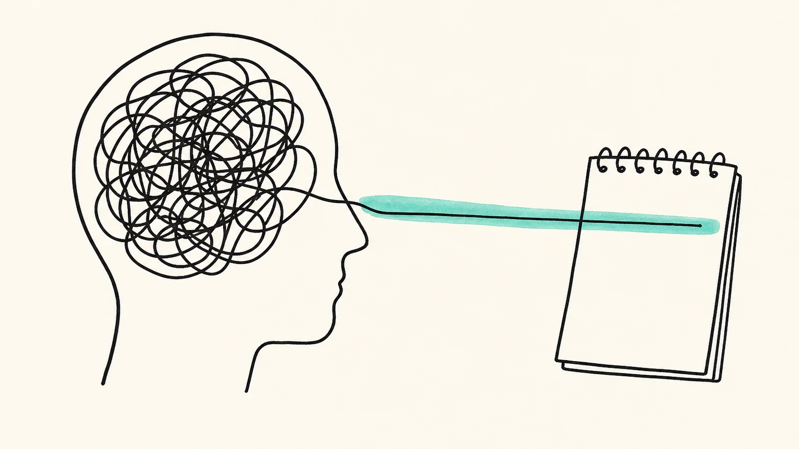 Tangled scribble leaving a head and straightening onto a notepad, to get out of your head