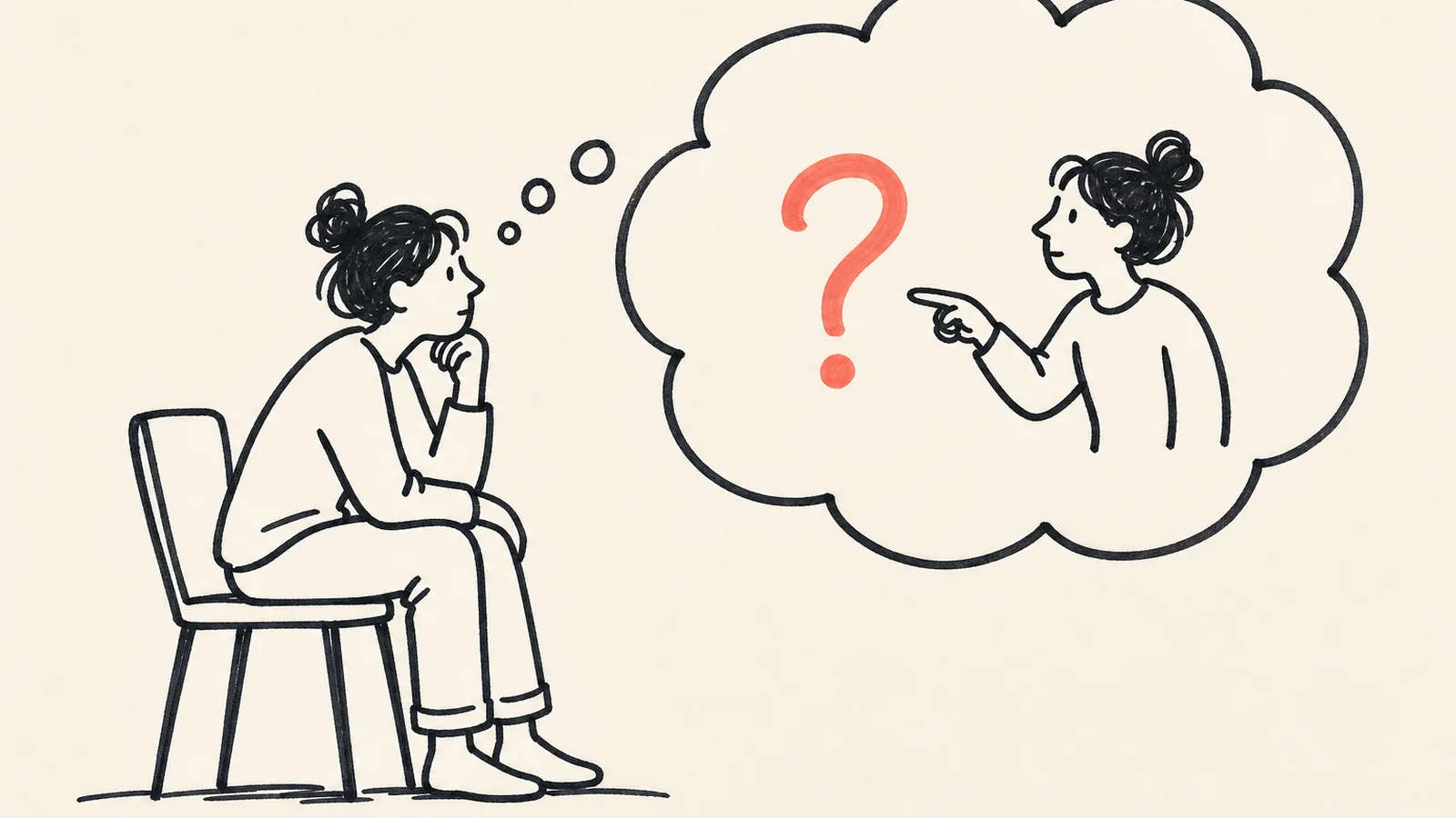 Ink sketch of a person arguing with their own thought bubble, for improving critical thinking