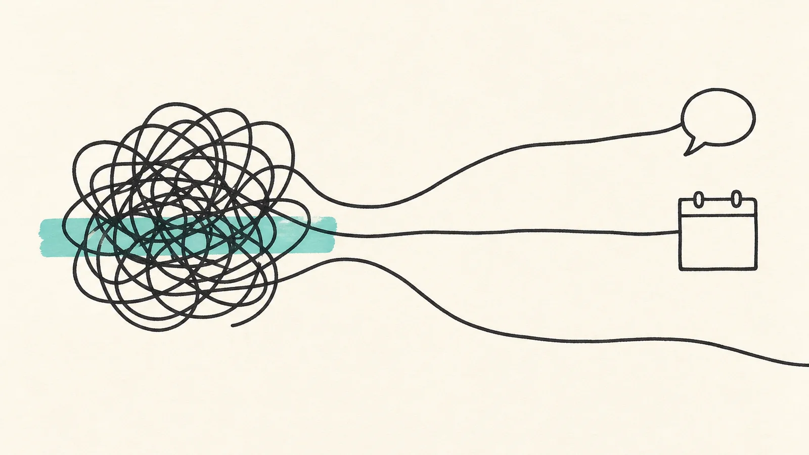 Ink sketch of a tangled thought pulled into three strands, on overthinking in a relationship