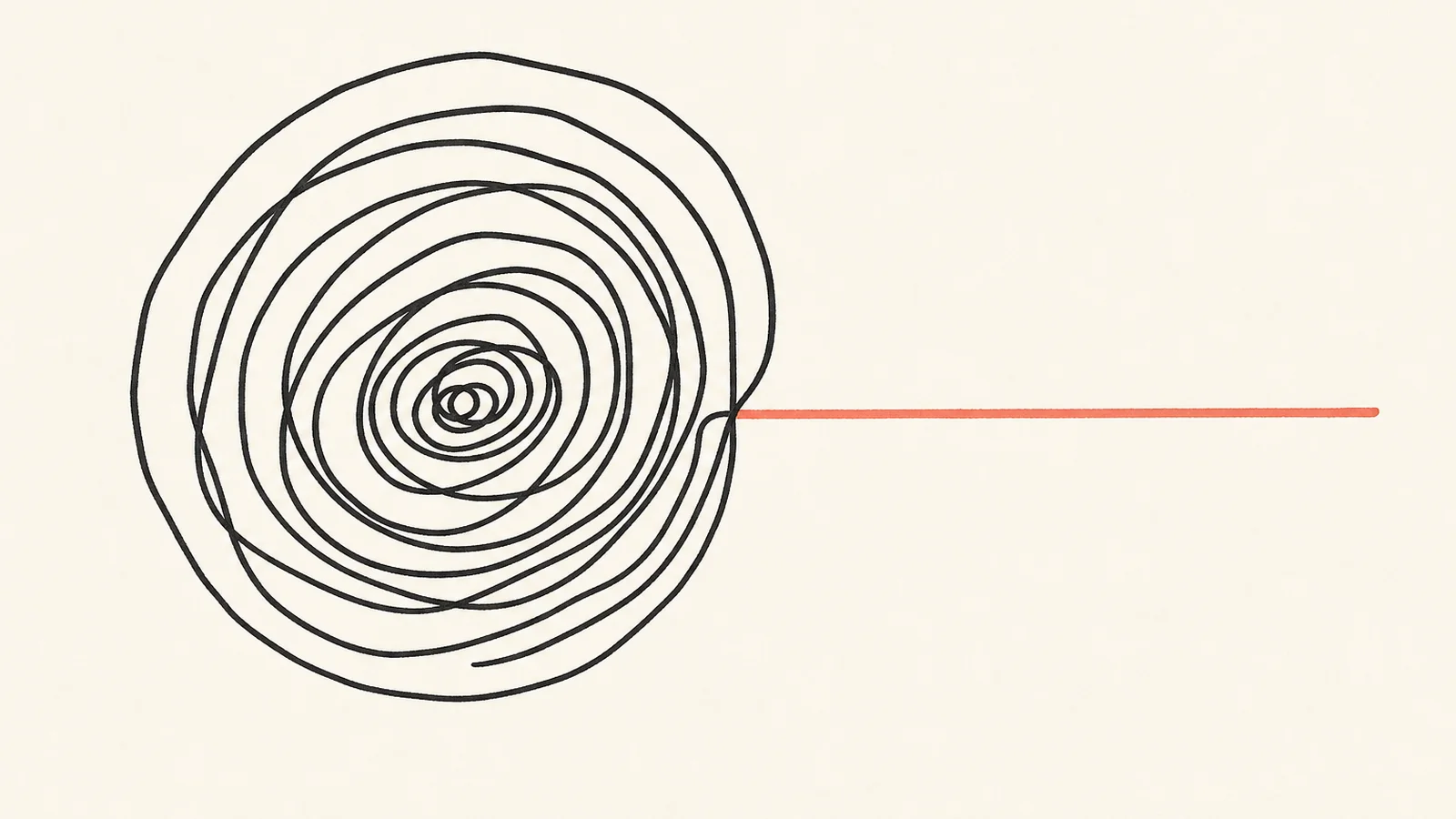 Ink spiral of scribbles crossed by one coral finish line, for a post on overanalyzing